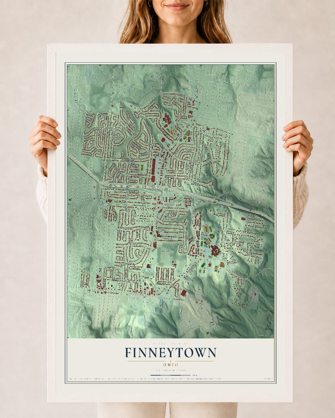 Map of Finneytown, Ohio, 24 x 36 inch print in a white wood frame