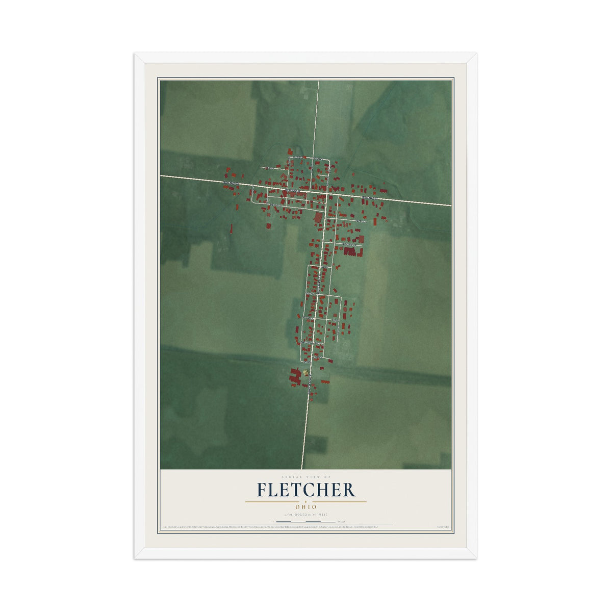 Map of Fletcher, Ohio, 12 x 18 inch print in a white wood frame