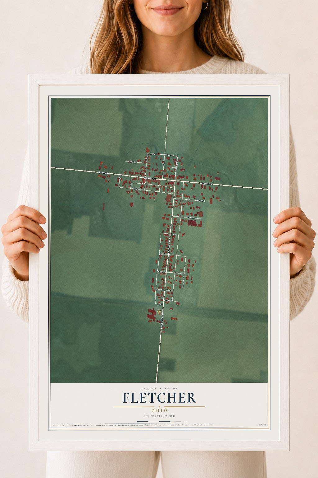 Map of Fletcher, Ohio, 18 x 24 inch print in a white wood frame
