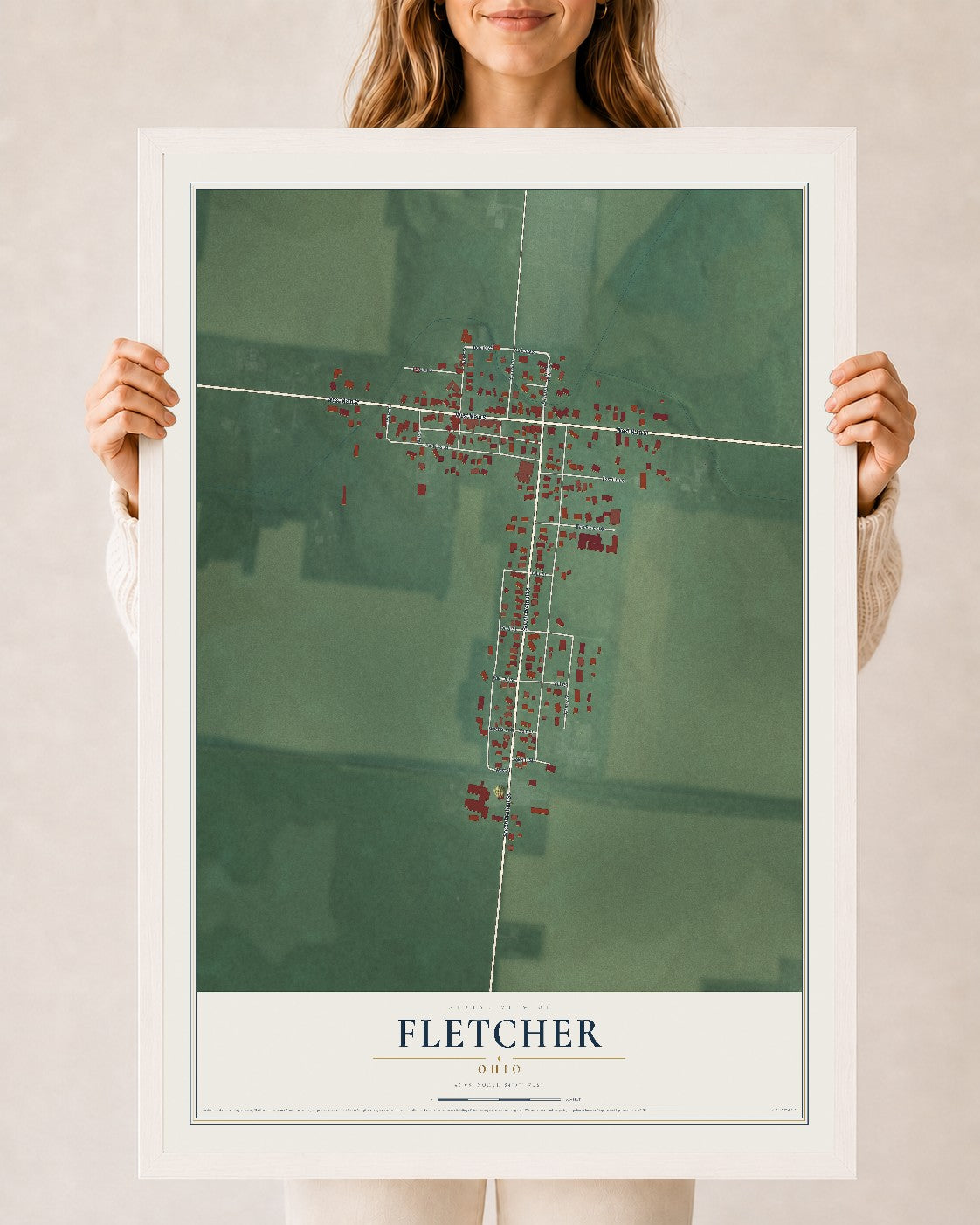 Map of Fletcher, Ohio, 24 x 36 inch print in a white wood frame