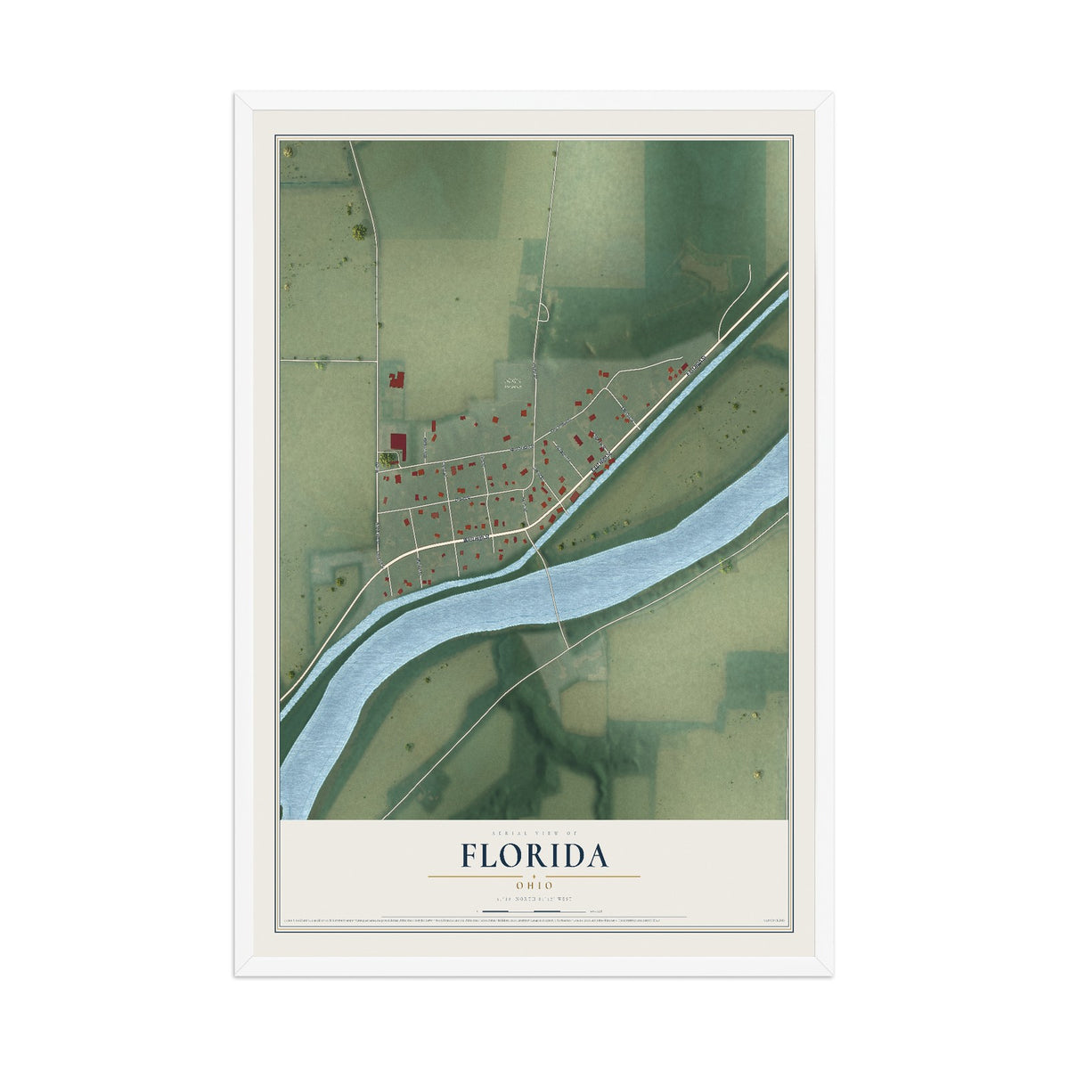 Map of Florida, Ohio, 12 x 18 inch print in a white wood frame