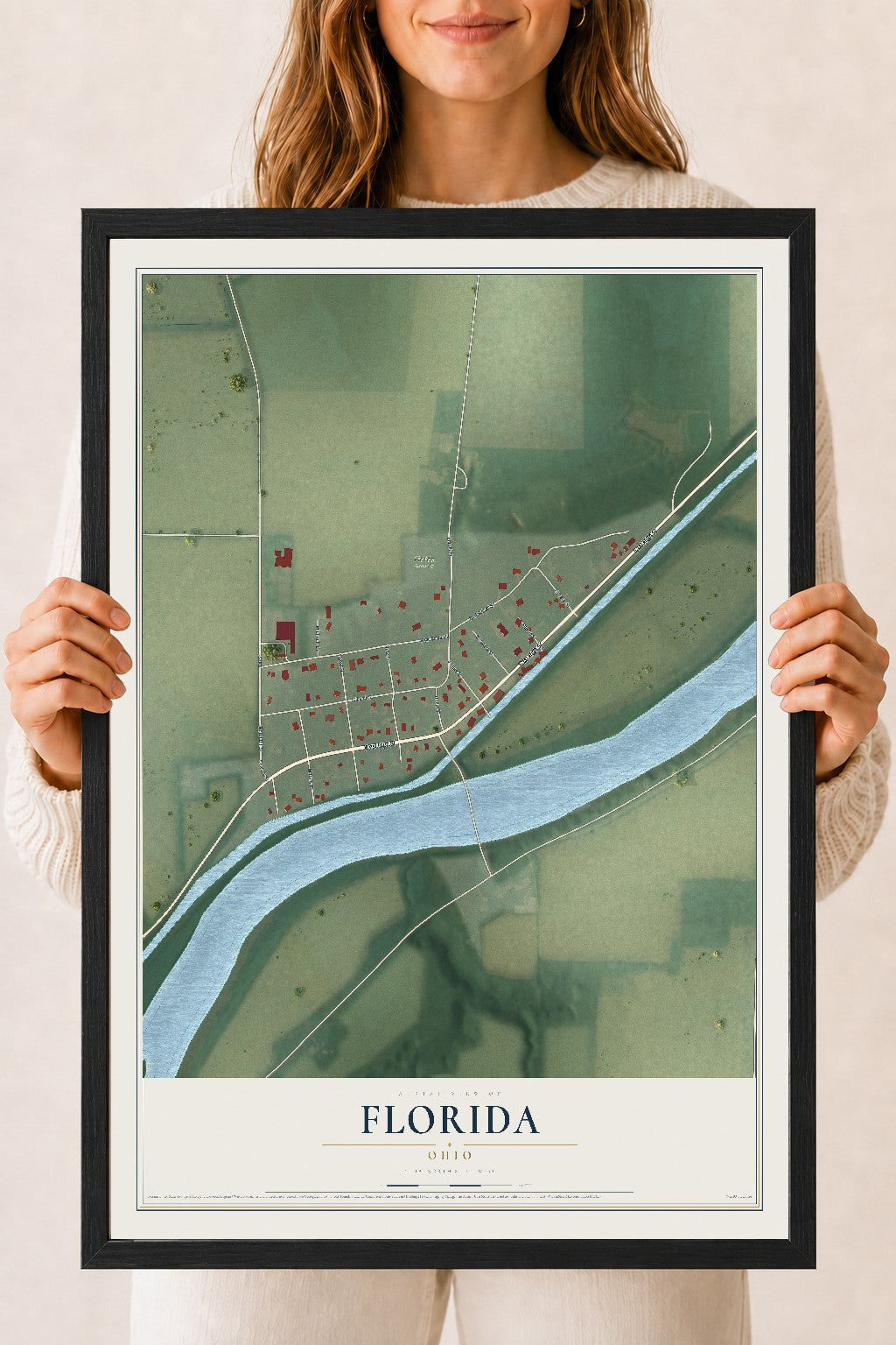 Map of Florida, Ohio, 18 x 24 inch print in a black wood frame