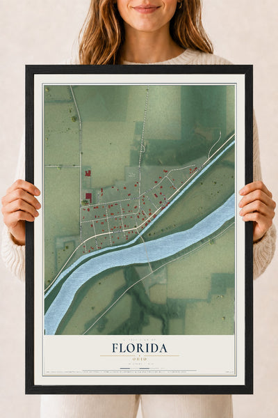 Map of Florida, Ohio, 18 x 24 inch print in a black wood frame