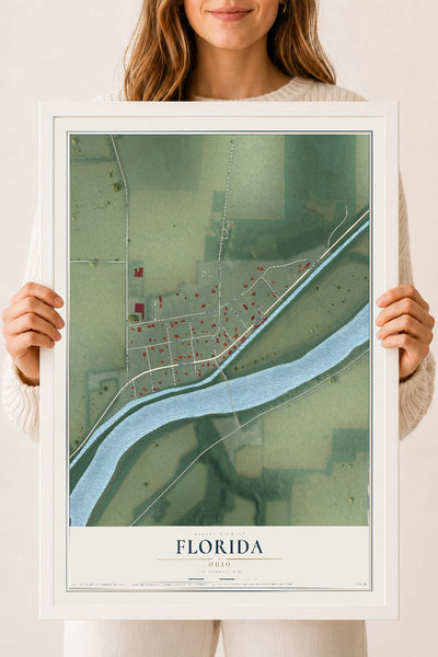 Map of Florida, Ohio, 18 x 24 inch print in a white wood frame