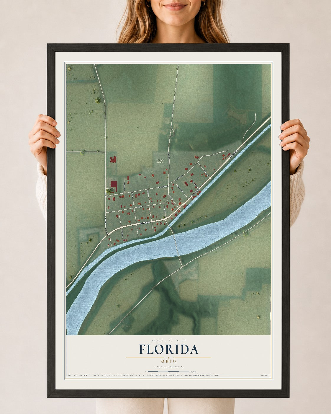Map of Florida, Ohio, 24 x 36 inch print in a black wood frame