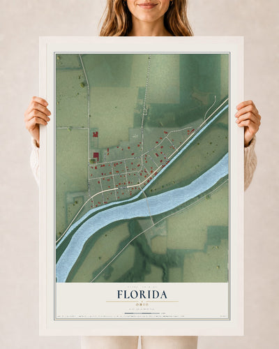 Map of Florida, Ohio, 24 x 36 inch print in a white wood frame
