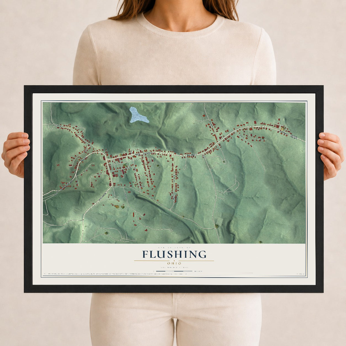 Map of Flushing, Ohio, 12 x 18 inch print in a black wood frame