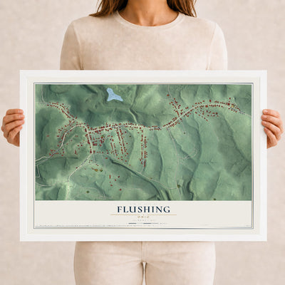 Map of Flushing, Ohio, 12 x 18 inch print in a white wood frame