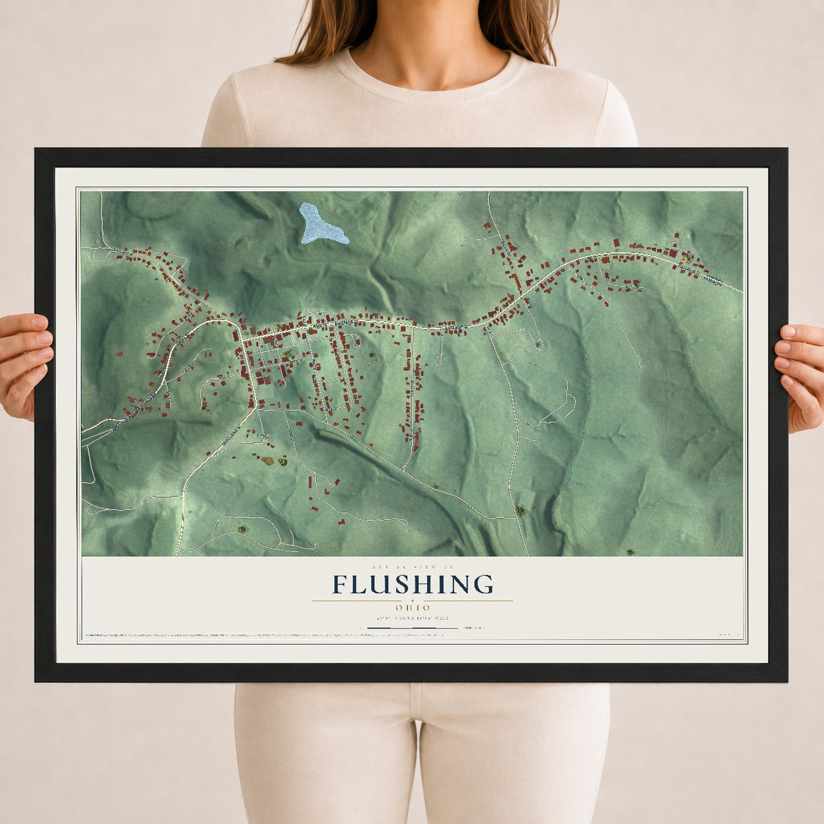 Map of Flushing, Ohio, 18 x 24 inch print in a black wood frame