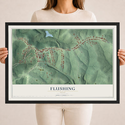 Map of Flushing, Ohio, 18 x 24 inch print in a black wood frame