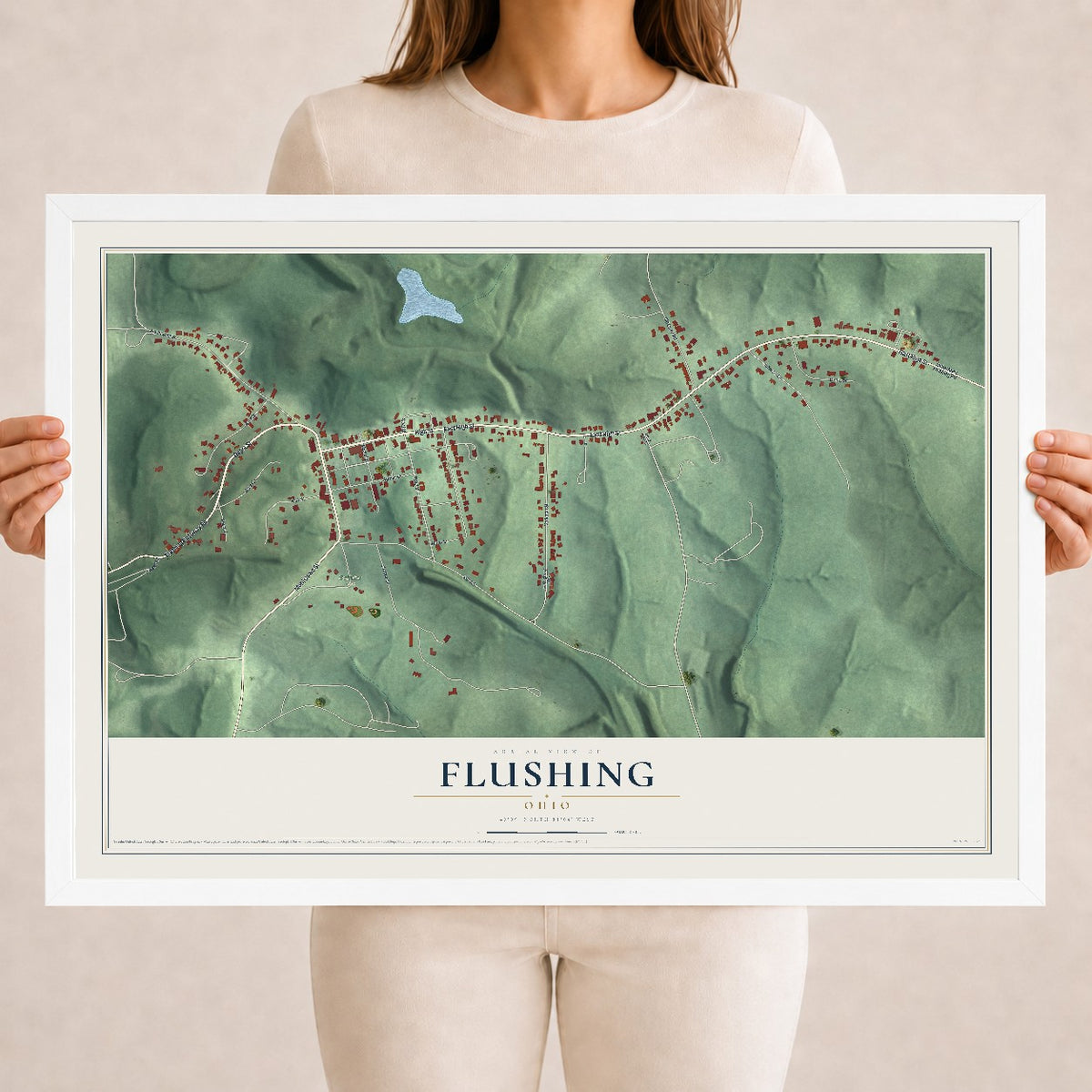 Map of Flushing, Ohio, 18 x 24 inch print in a white wood frame