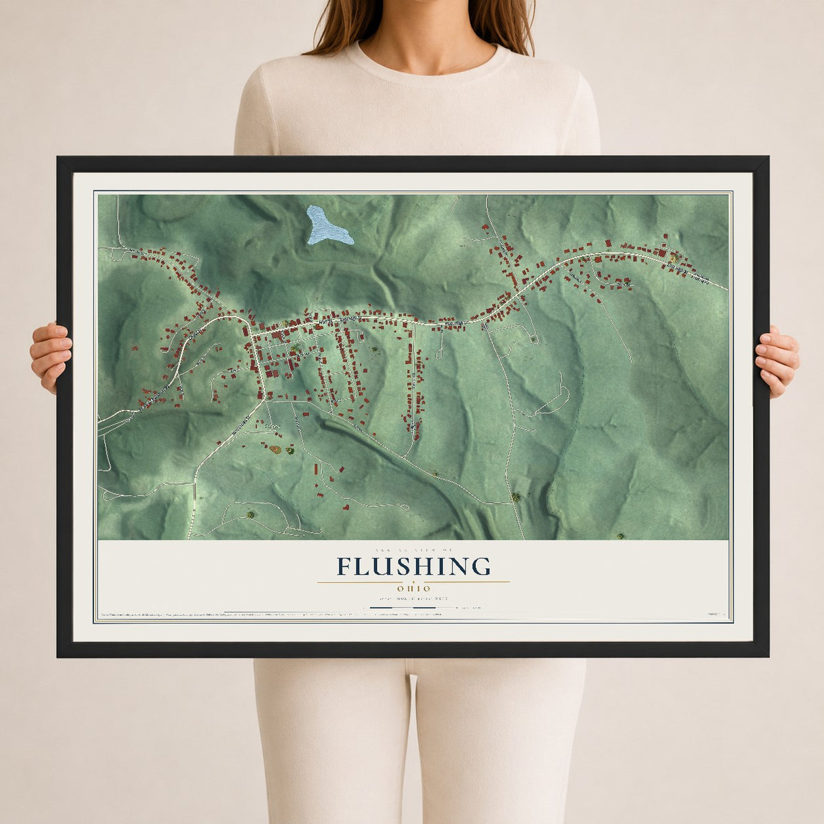 Map of Flushing, Ohio, 24 x 36 inch print in a black wood frame