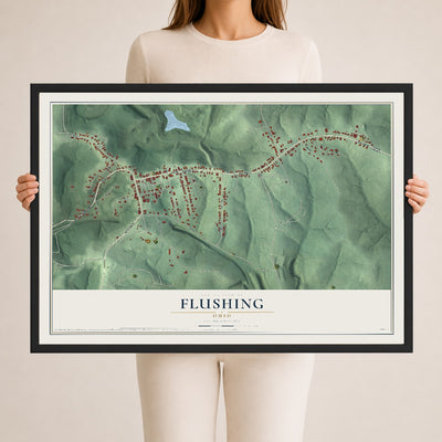 Map of Flushing, Ohio, 24 x 36 inch print in a black wood frame