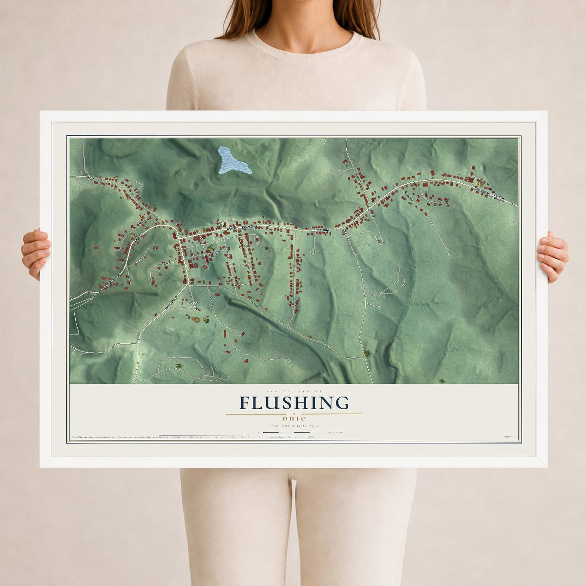 Map of Flushing, Ohio, 24 x 36 inch print in a white wood frame