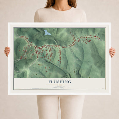 Map of Flushing, Ohio, 24 x 36 inch print in a white wood frame