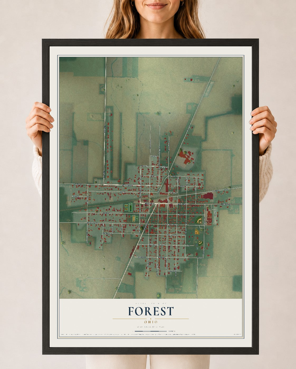 Map of Forest, Ohio, 24 x 36 inch print in a black wood frame