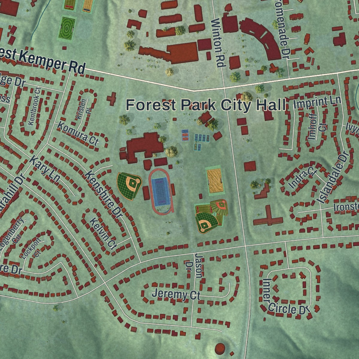 Second close-up of the map of Forest Park, Ohio print showing more streets and buildings