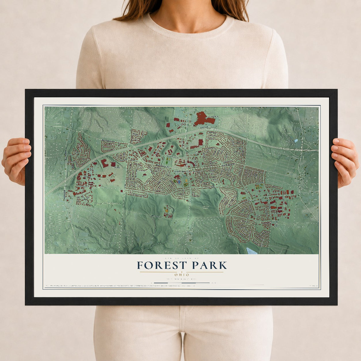 Map of Forest Park, Ohio, 12 x 18 inch print in a black wood frame