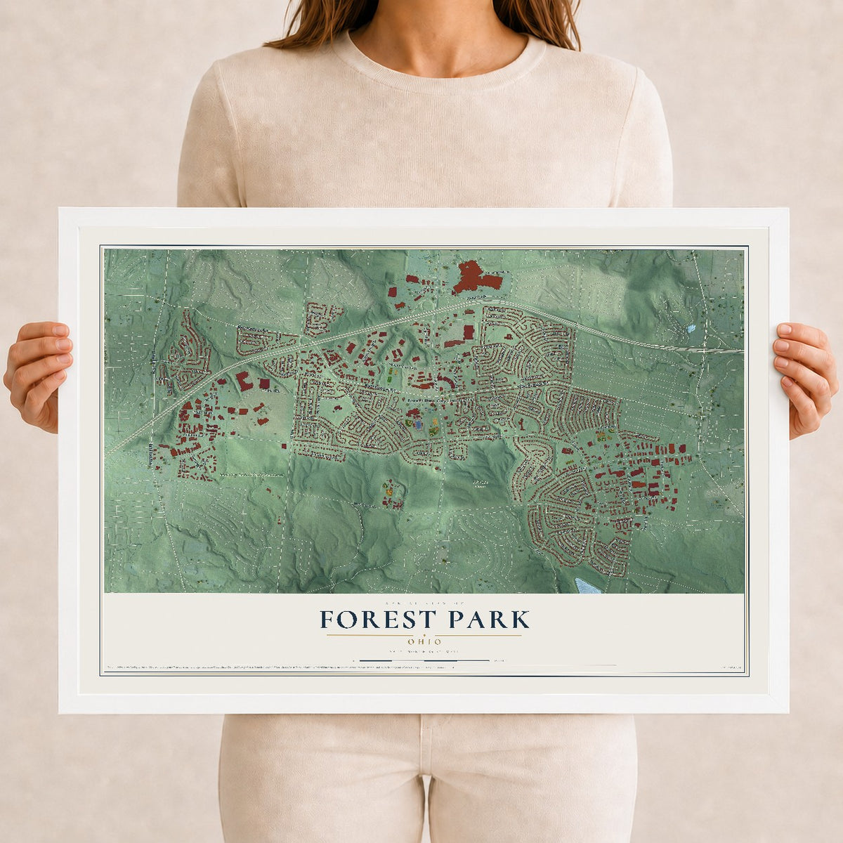 Map of Forest Park, Ohio, 12 x 18 inch print in a white wood frame