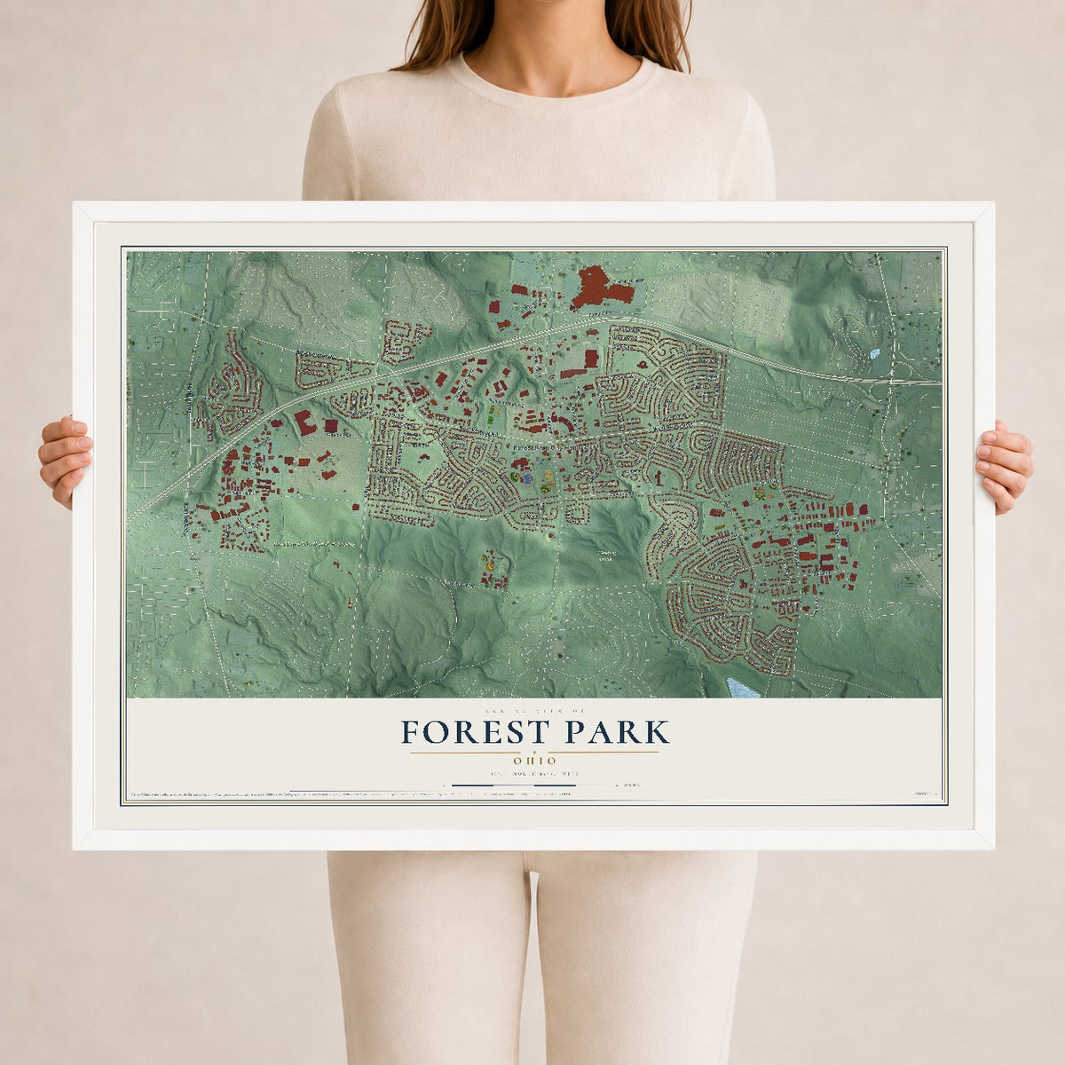 Map of Forest Park, Ohio, 24 x 36 inch print in a white wood frame