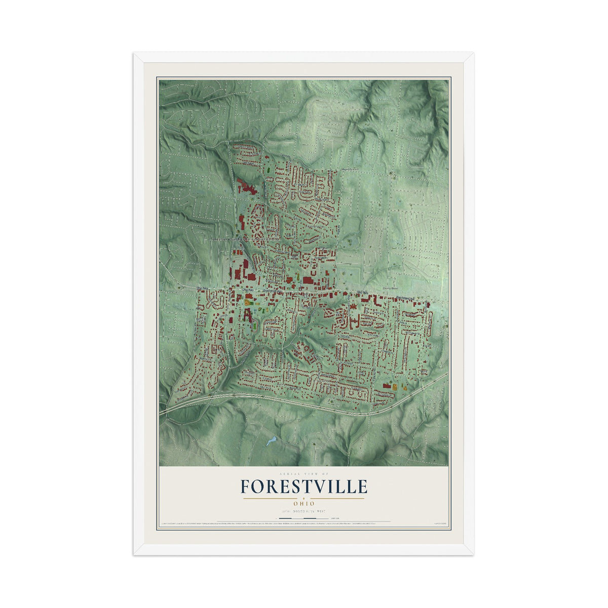 Map of Forestville, Ohio, 12 x 18 inch print in a white wood frame