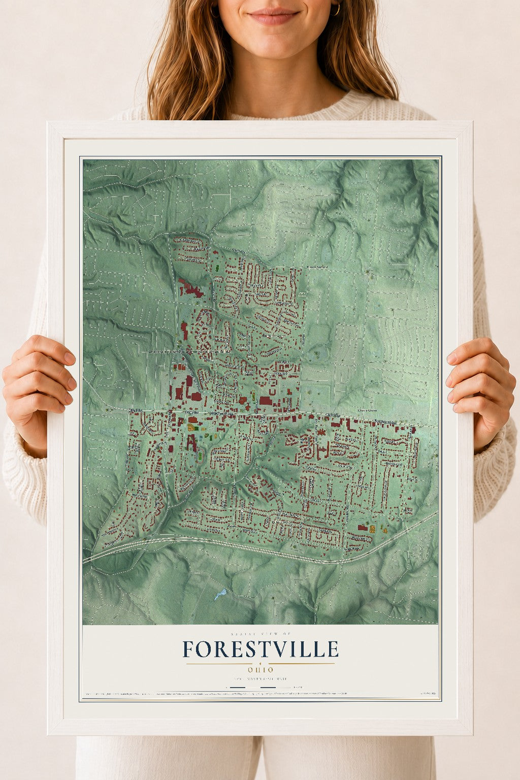 Map of Forestville, Ohio, 18 x 24 inch print in a white wood frame