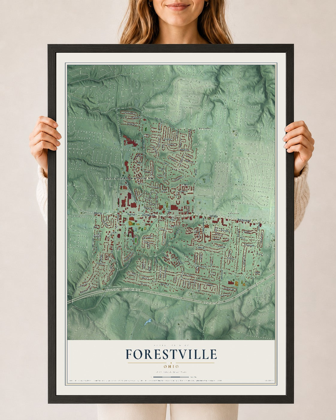 Map of Forestville, Ohio, 24 x 36 inch print in a black wood frame