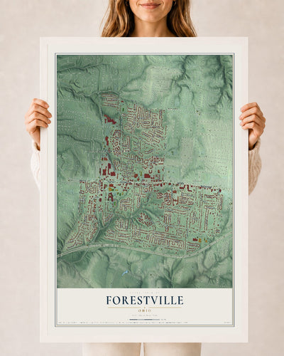 Map of Forestville, Ohio, 24 x 36 inch print in a white wood frame