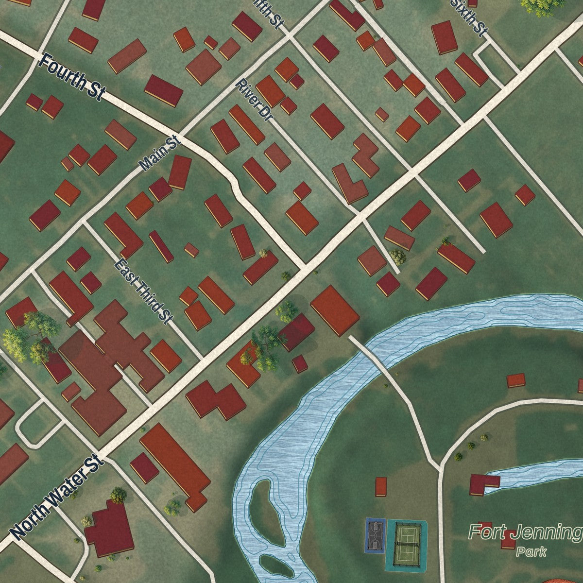 Close-up of the map of Fort Jennings, Ohio print showing street and building detail
