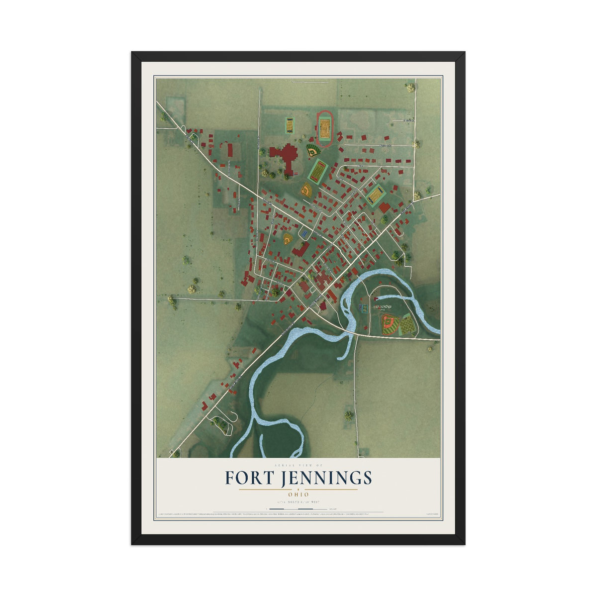 Map of Fort Jennings, Ohio, 12 x 18 inch print in a black wood frame
