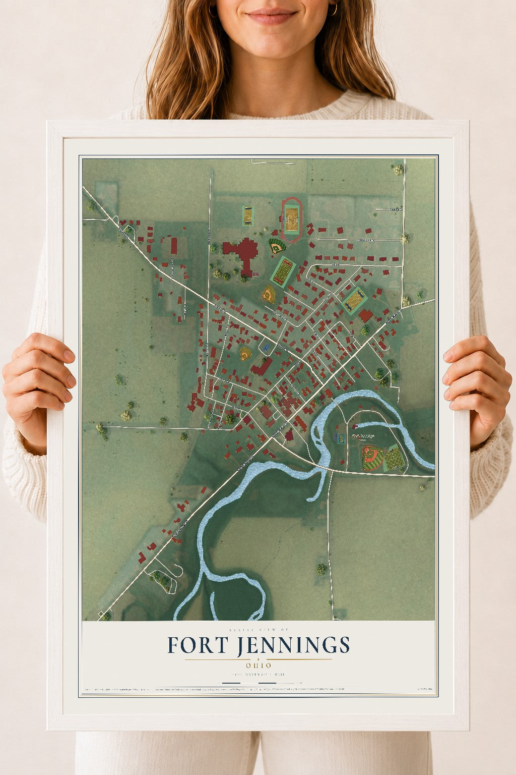 Map of Fort Jennings, Ohio, 18 x 24 inch print in a white wood frame