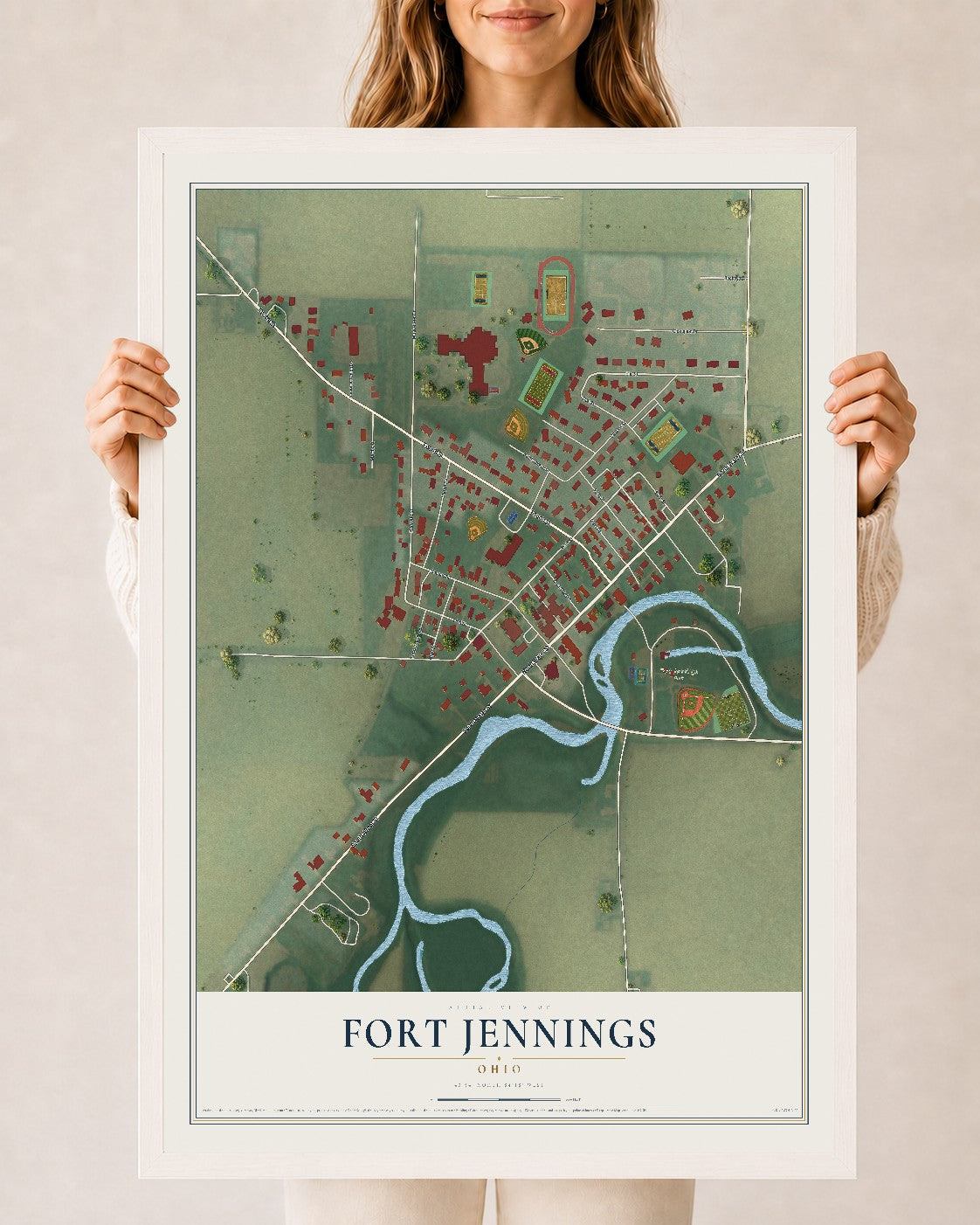 Map of Fort Jennings, Ohio, 24 x 36 inch print in a white wood frame