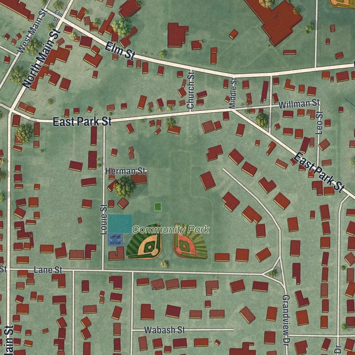 Close-up of the map of Fort Loramie, Ohio print showing street and building detail