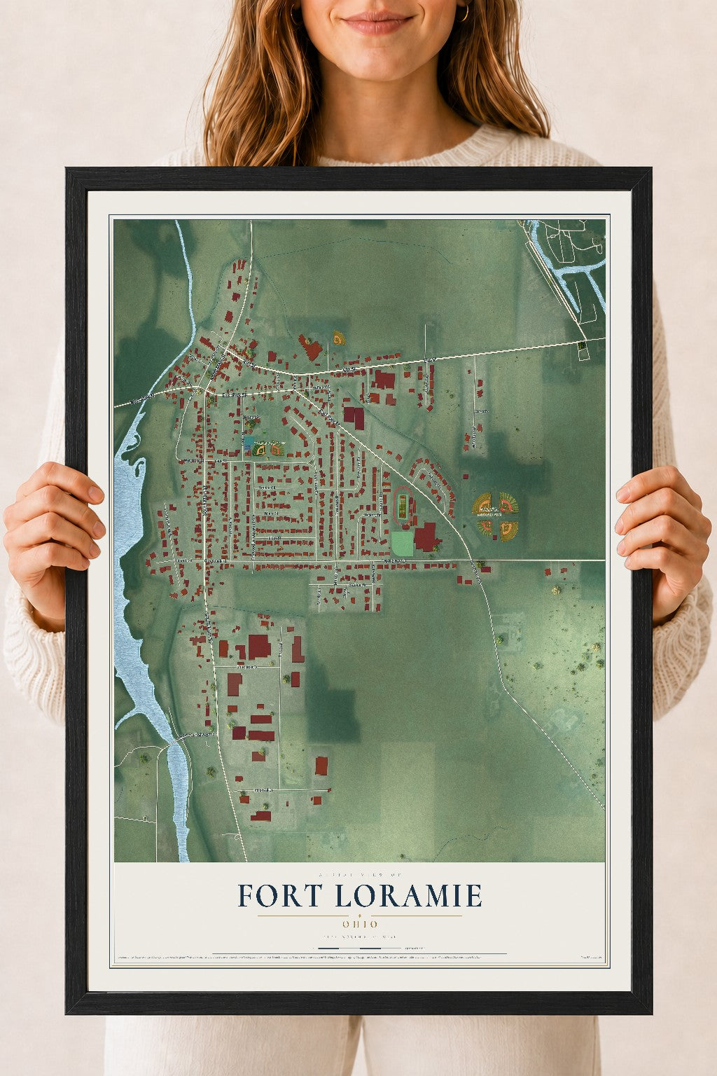 Map of Fort Loramie, Ohio, 18 x 24 inch print in a black wood frame