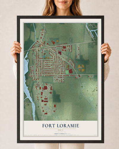 Map of Fort Loramie, Ohio, 24 x 36 inch print in a black wood frame