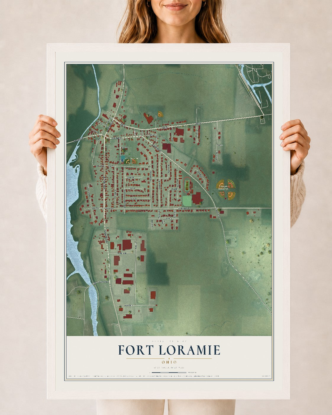 Map of Fort Loramie, Ohio, 24 x 36 inch print in a white wood frame