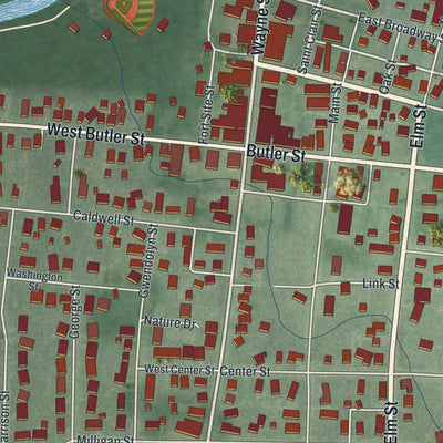 Close-up of the map of Fort Recovery, Ohio print showing street and building detail