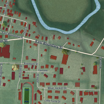 Second close-up of the map of Fort Recovery, Ohio print showing more streets and buildings