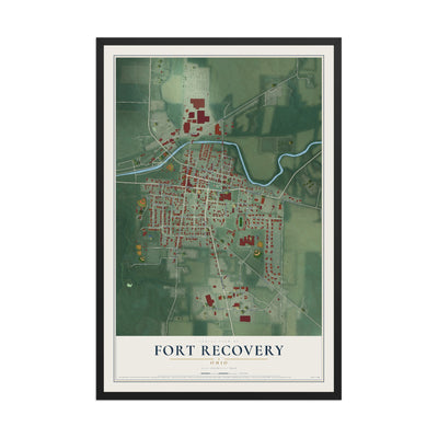 Map of Fort Recovery, Ohio, 12 x 18 inch print in a black wood frame