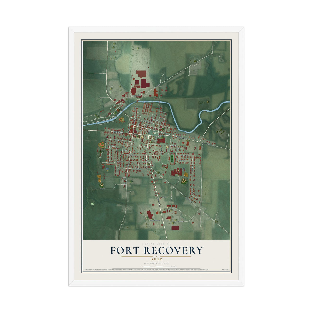 Map of Fort Recovery, Ohio, 12 x 18 inch print in a white wood frame