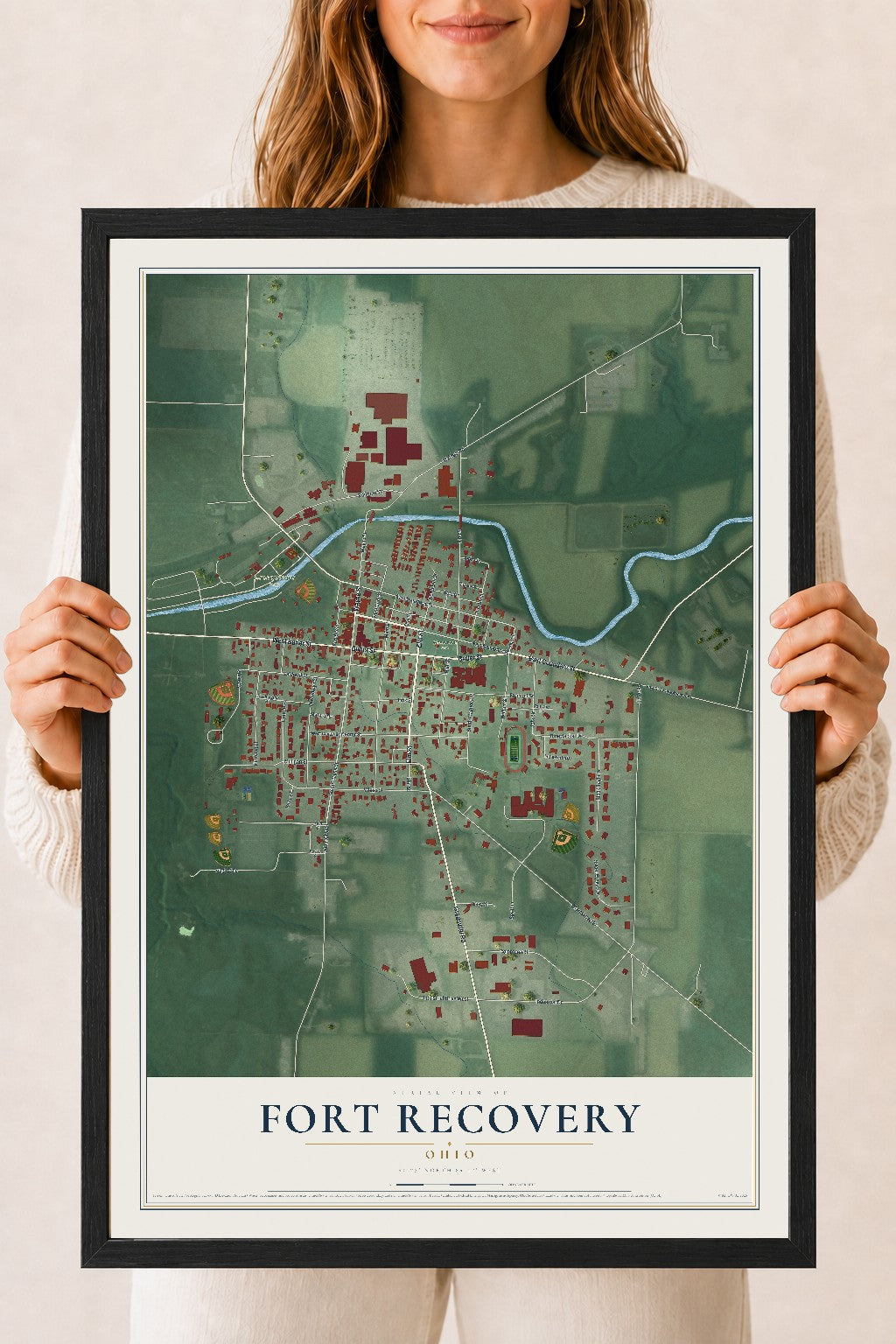 Map of Fort Recovery, Ohio, 18 x 24 inch print in a black wood frame