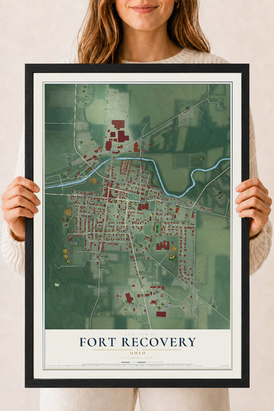 Map of Fort Recovery, Ohio, 18 x 24 inch print in a black wood frame