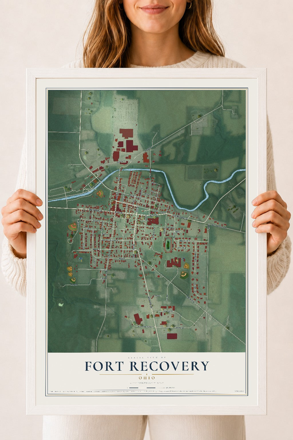Map of Fort Recovery, Ohio, 18 x 24 inch print in a white wood frame