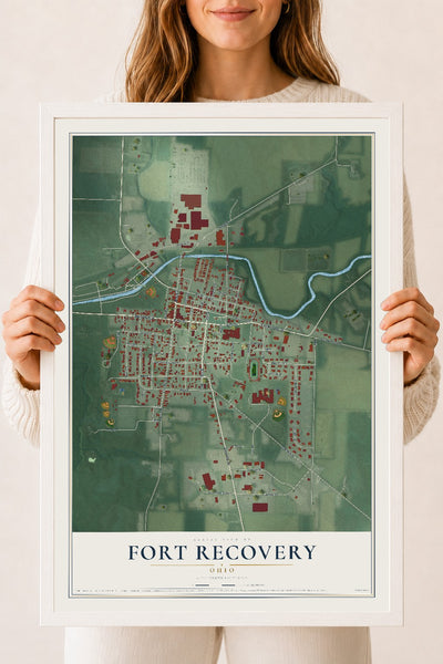 Map of Fort Recovery, Ohio, 18 x 24 inch print in a white wood frame