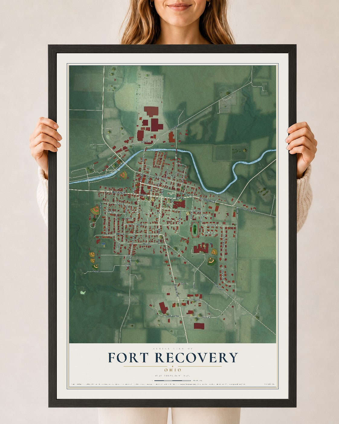 Map of Fort Recovery, Ohio, 24 x 36 inch print in a black wood frame