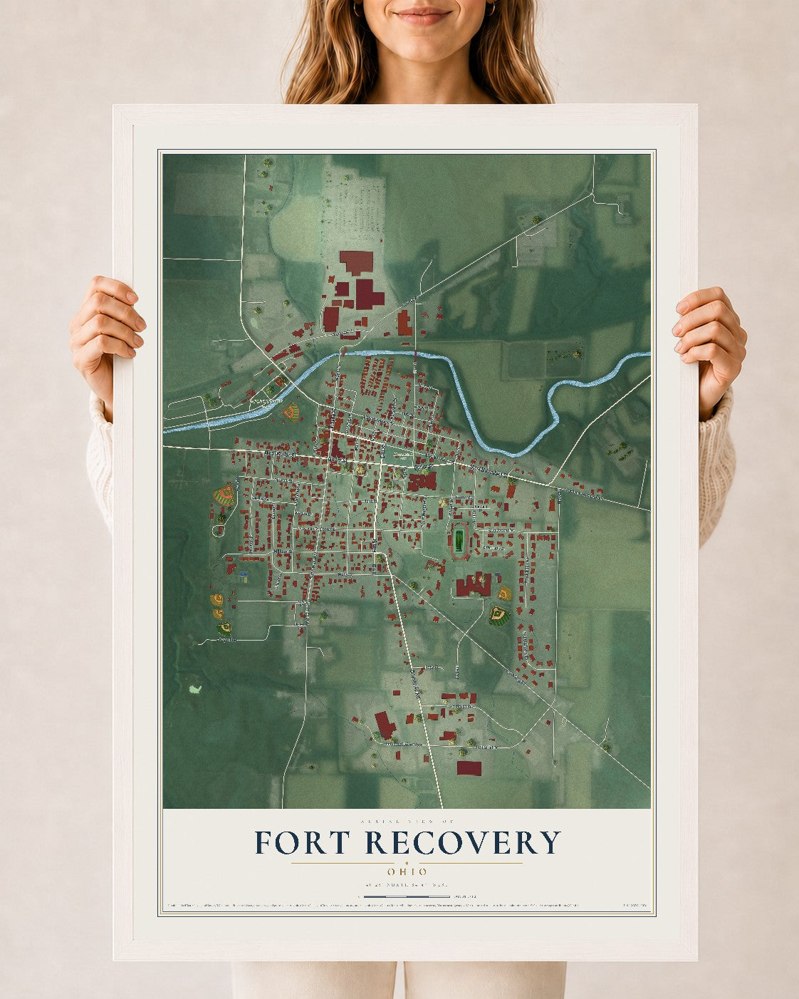 Map of Fort Recovery, Ohio, 24 x 36 inch print in a white wood frame