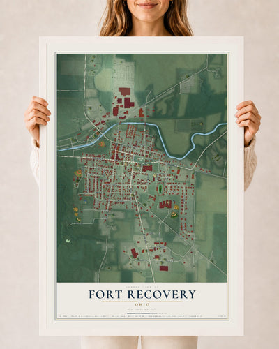 Map of Fort Recovery, Ohio, 24 x 36 inch print in a white wood frame