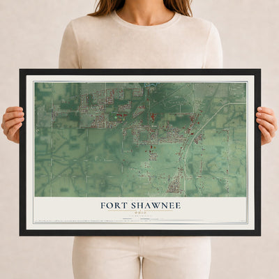 Map of Fort Shawnee, Ohio, 12 x 18 inch print in a black wood frame