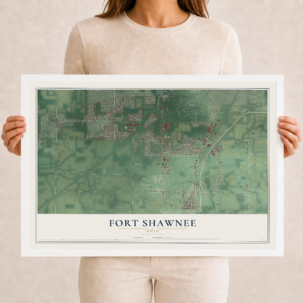 Map of Fort Shawnee, Ohio, 12 x 18 inch print in a white wood frame