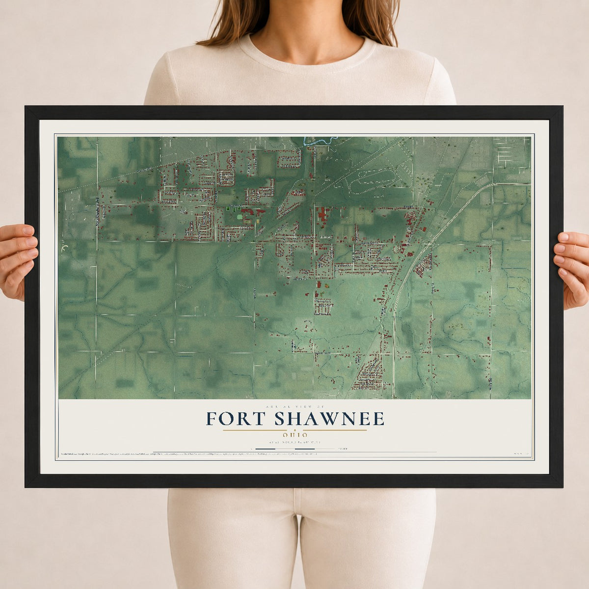 Map of Fort Shawnee, Ohio, 18 x 24 inch print in a black wood frame